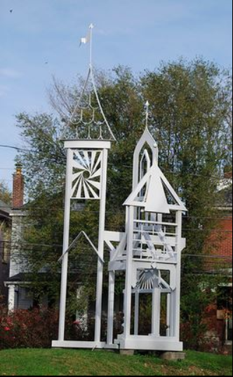 The Turrets sculpture on Highland Island at Baxter Avenue and Winter Avenue